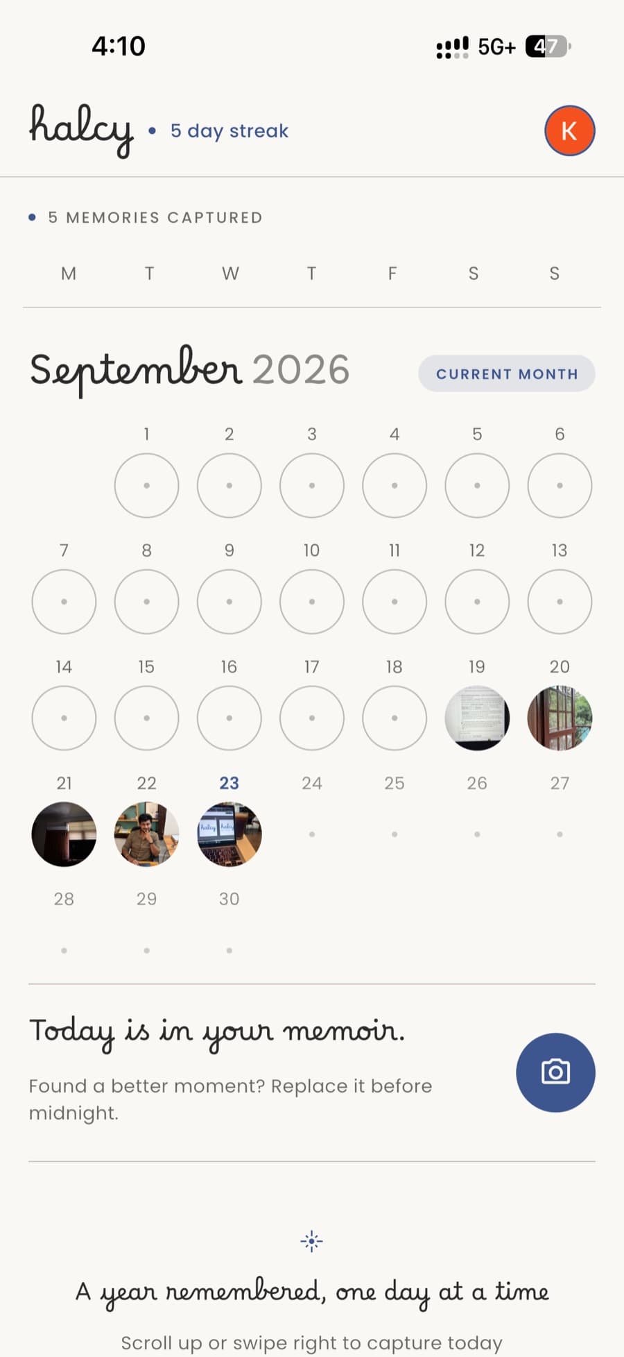 Halcy home screen showing a September 2026 calendar with circular daily photos and a 5 day streak